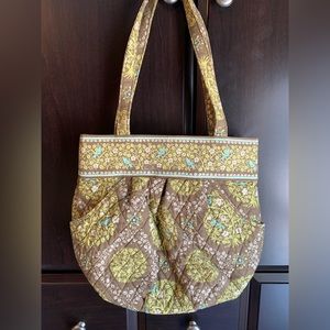 Vera Bradley two handle shoulder bag, zipper closure. Green and blue print.